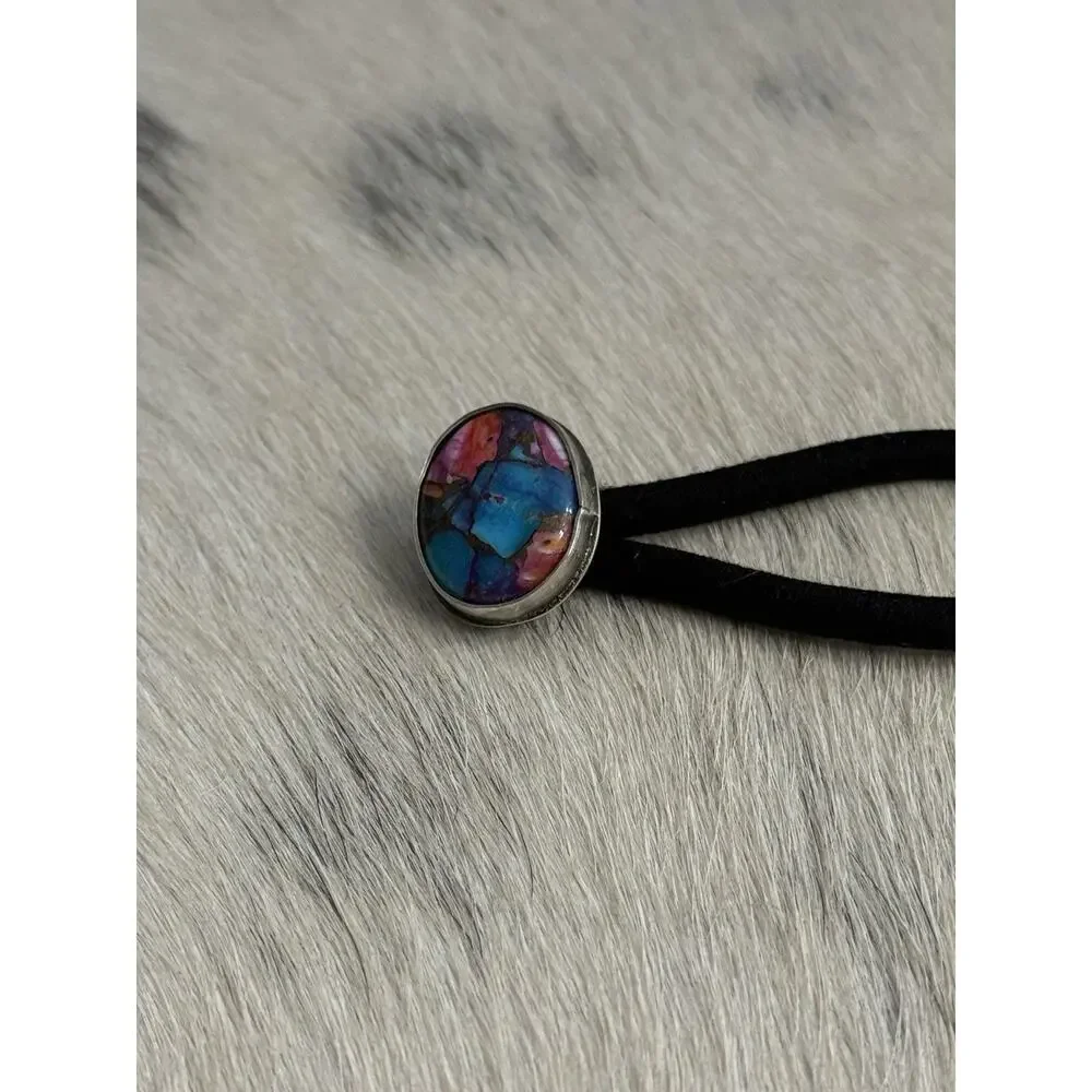 Native American Navajo Handmade Sterling Silver Pink Blue Dahlia Oyster Hair Tie